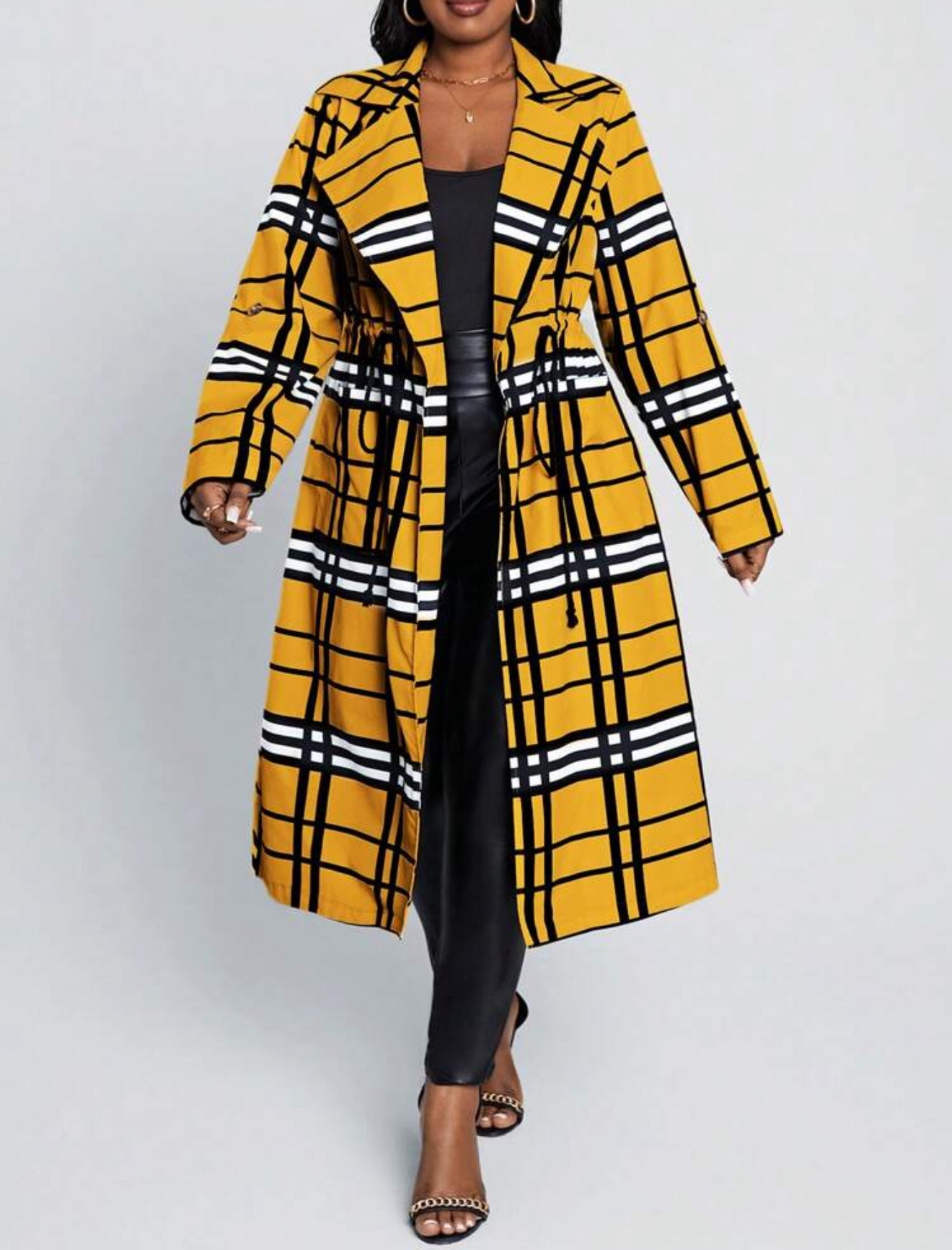 Mustard Plaid Print Long Length Cardigan, Plus Size 12 - 20