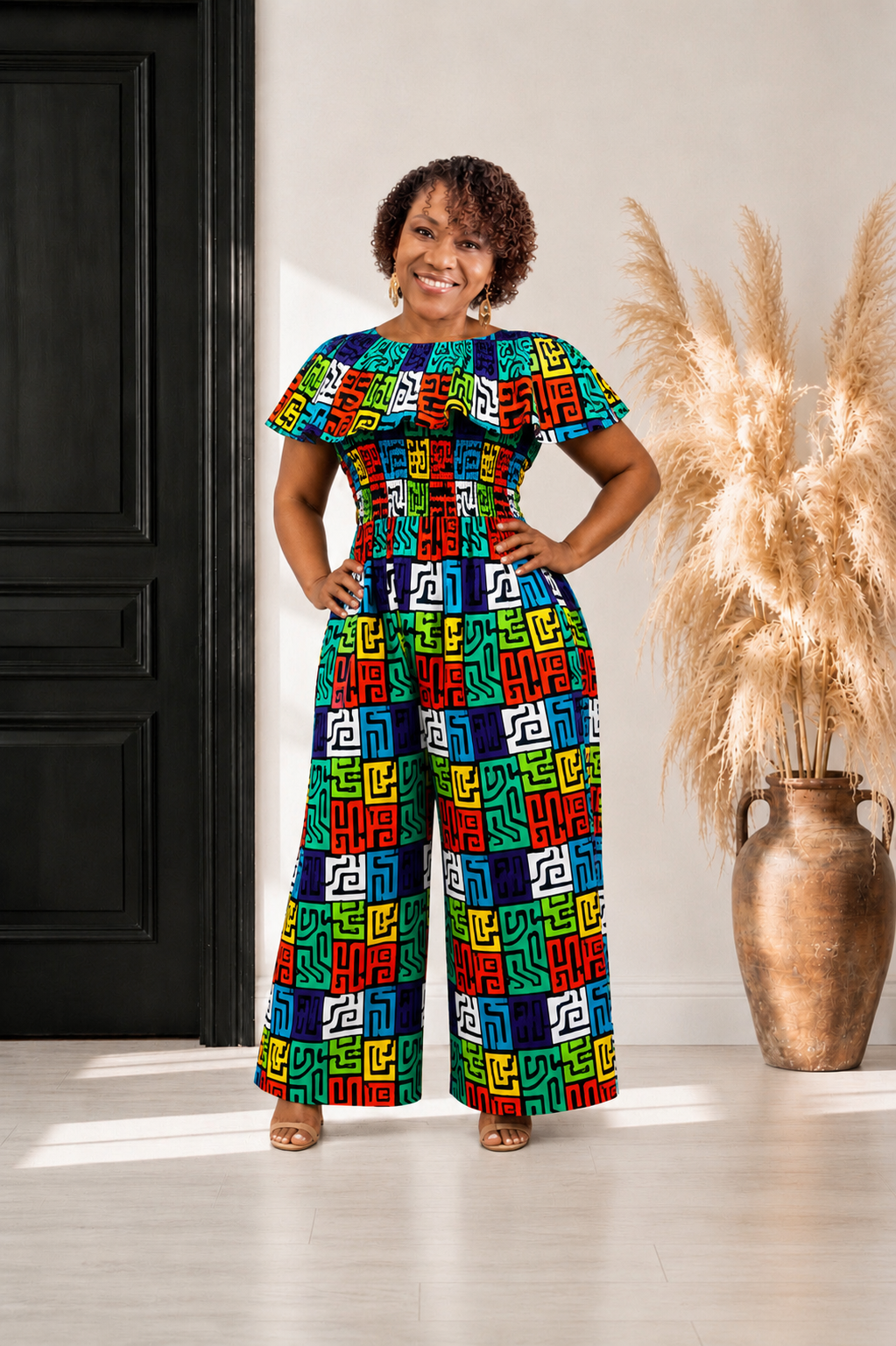 African Print Ruffled Neckline Jumpsuit / Romper (Blue) with Head Wrap