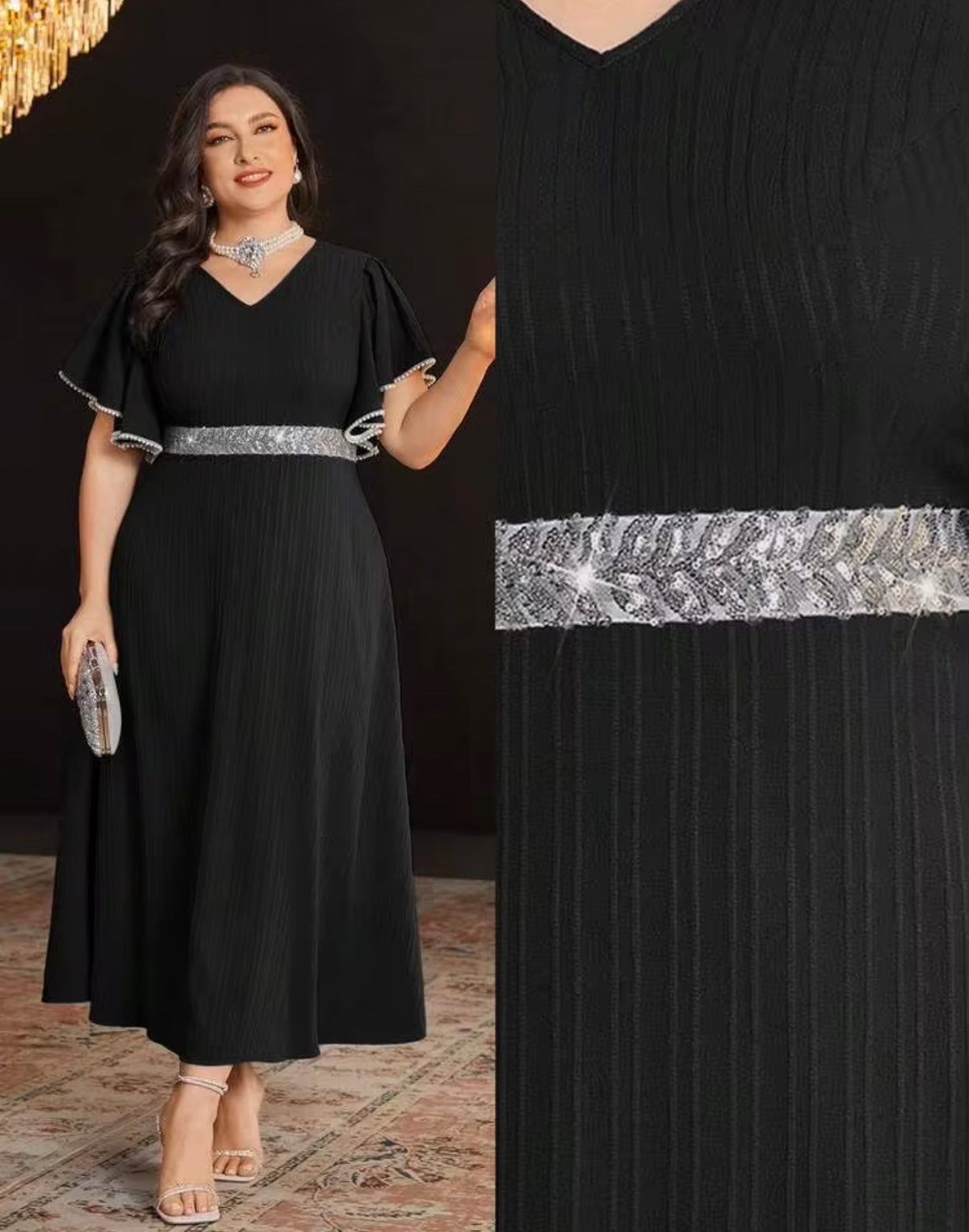 Elegant Black V-Neck Maxi Dress with Silver Accents, Size 2X (US 16)