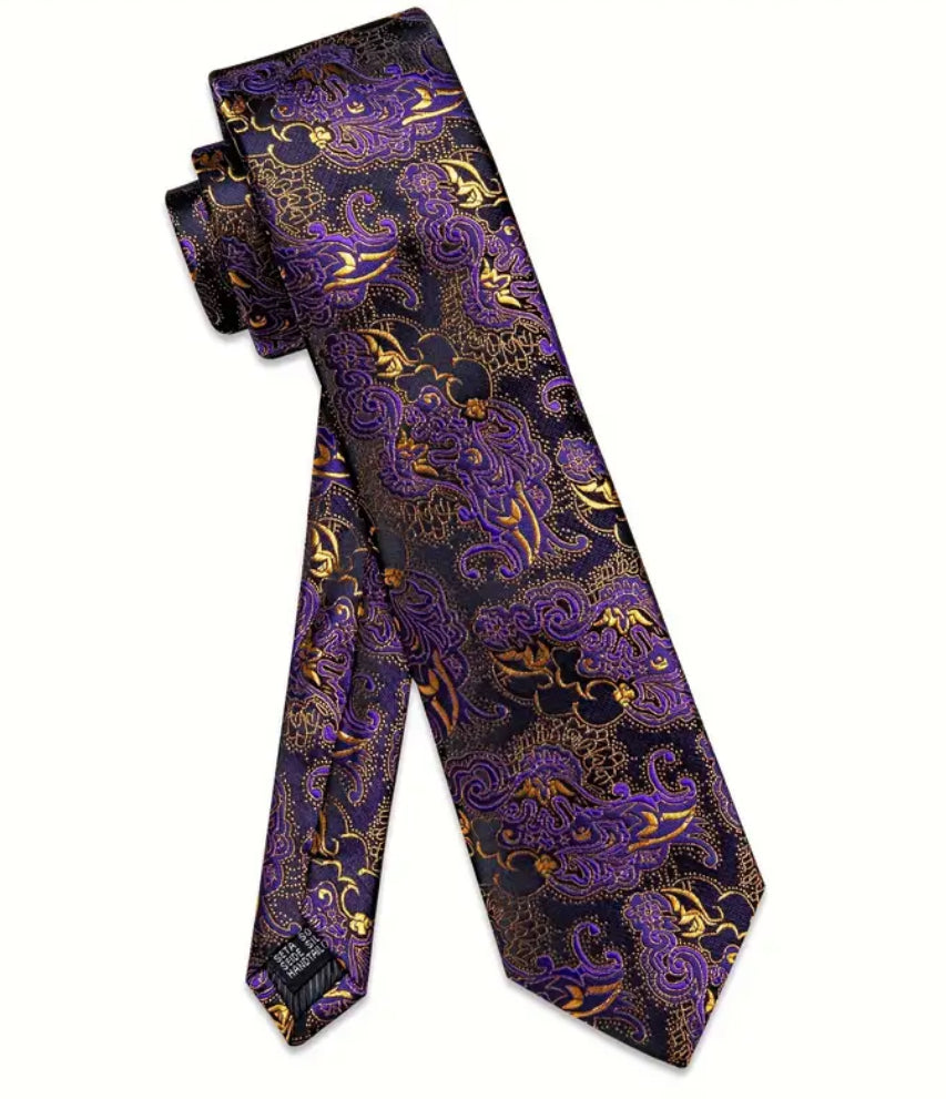 Men’s Silk Coordinated Tie Set - Purple & Gold Paisley