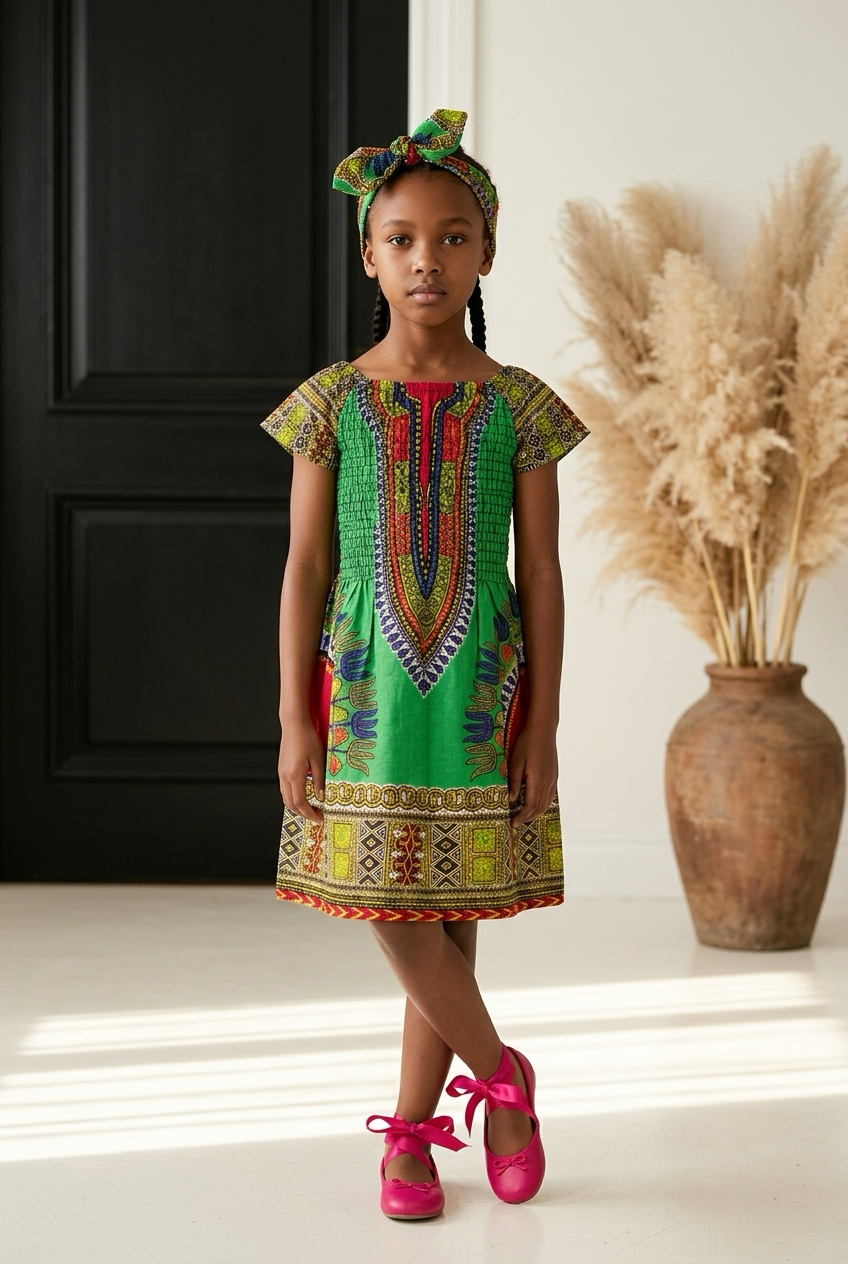Little Girls Dashiki Dress with Coordinating Headband