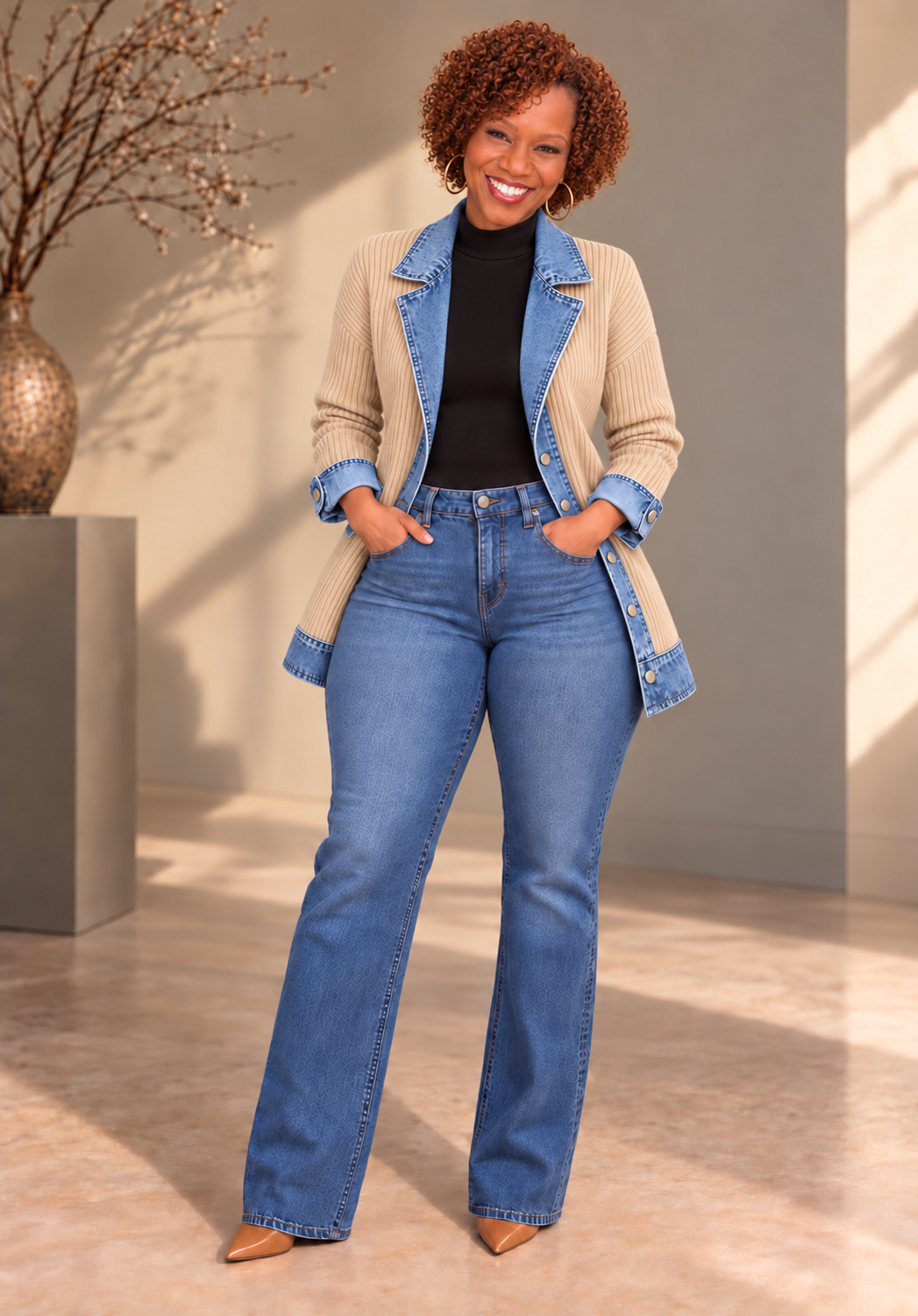 Full Size Denim Trim Ribbed Knit Cardigan Plus Size