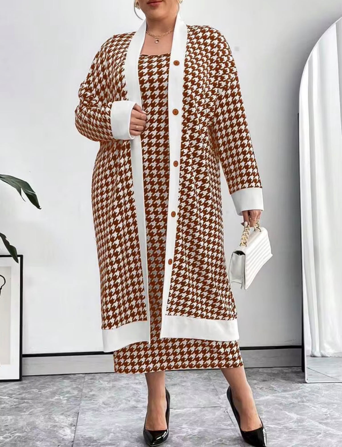 Classic Houndstooth Knit Cardigan & Dress Set - Brown/White, 3X (US 18)
