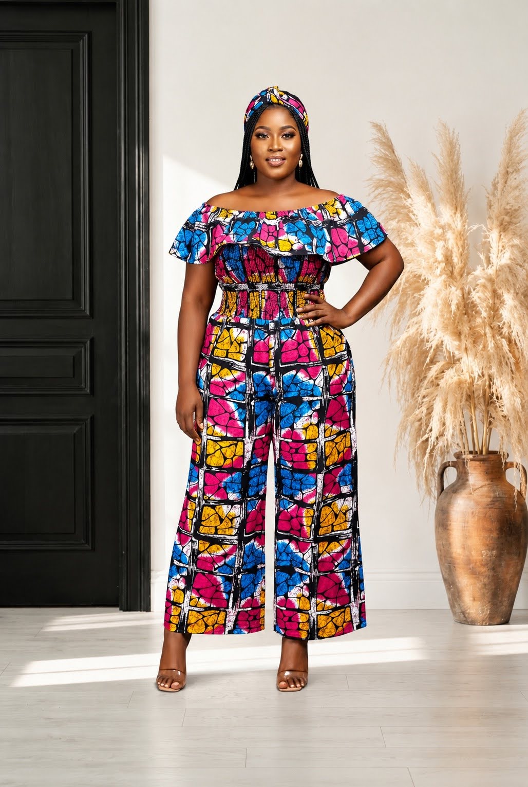 African Print Ruffled Neckline Jumpsuit / Romper (Blue, Pink, Yellow)