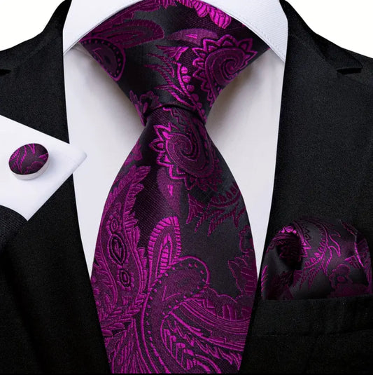 Men’s Silk Coordinated Tie Set - Deep Burgundy & Black Paisley