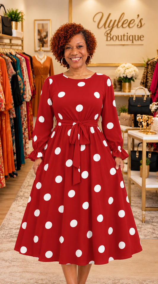 Polka Dot Tie-Waist Long Sleeve Maxi Dress - Red, Size 2X (US 16)