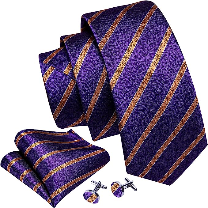 Men’s Silk Coordinated Tie Set - Purple Gold Striped