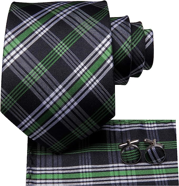 Men’s Silk Coordinated Tie Set - Black Green Plaid