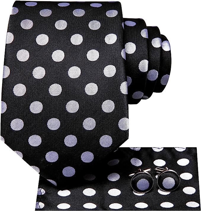Men’s Silk Coordinated Tie Set - Black Silver Polka Dots