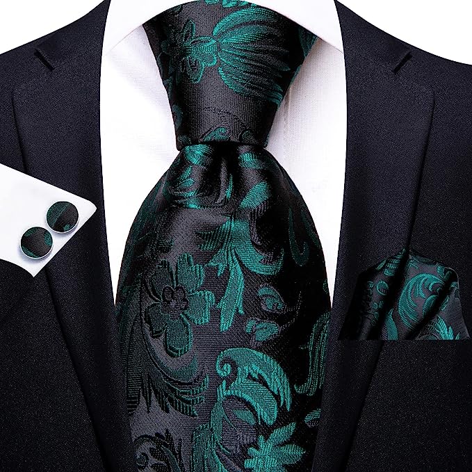 Men’s Silk Coordinated Tie Set - Black Green Floral