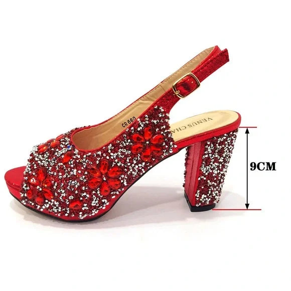 Nigerian Luxury Fashion Ladies High Heel Slippers and Bags Set with Rhinestones, Red US Size 8.5