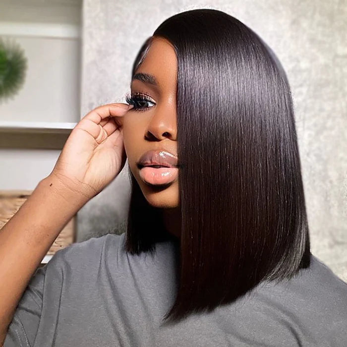 12 inches Asymmetrical Blunt Bob 13"x4" Transparent Frontal Lace Wig Straight Human Virgin Hair