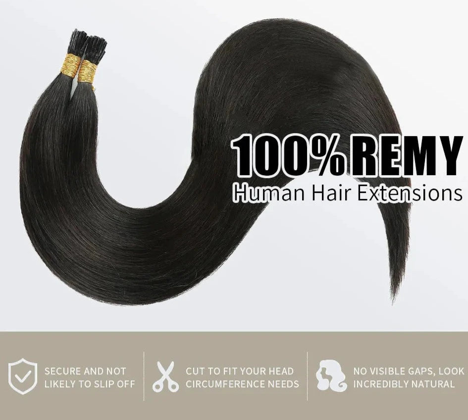 I Tip Hair Extensions Straight Natural Remy Human Hair (#1B Natural Black)