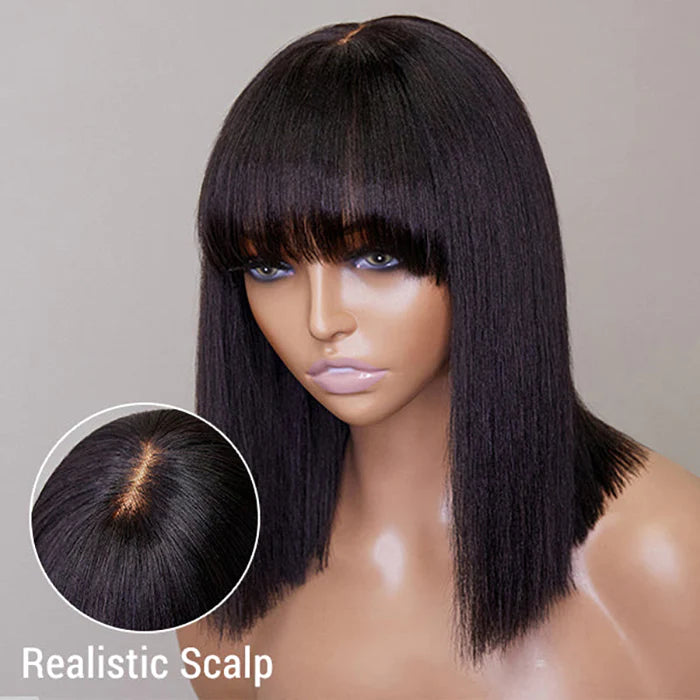 12 Inch Realistic Yaki Straight Bob With Bangs 2x1 Minimalist Lace Wig 150% Density