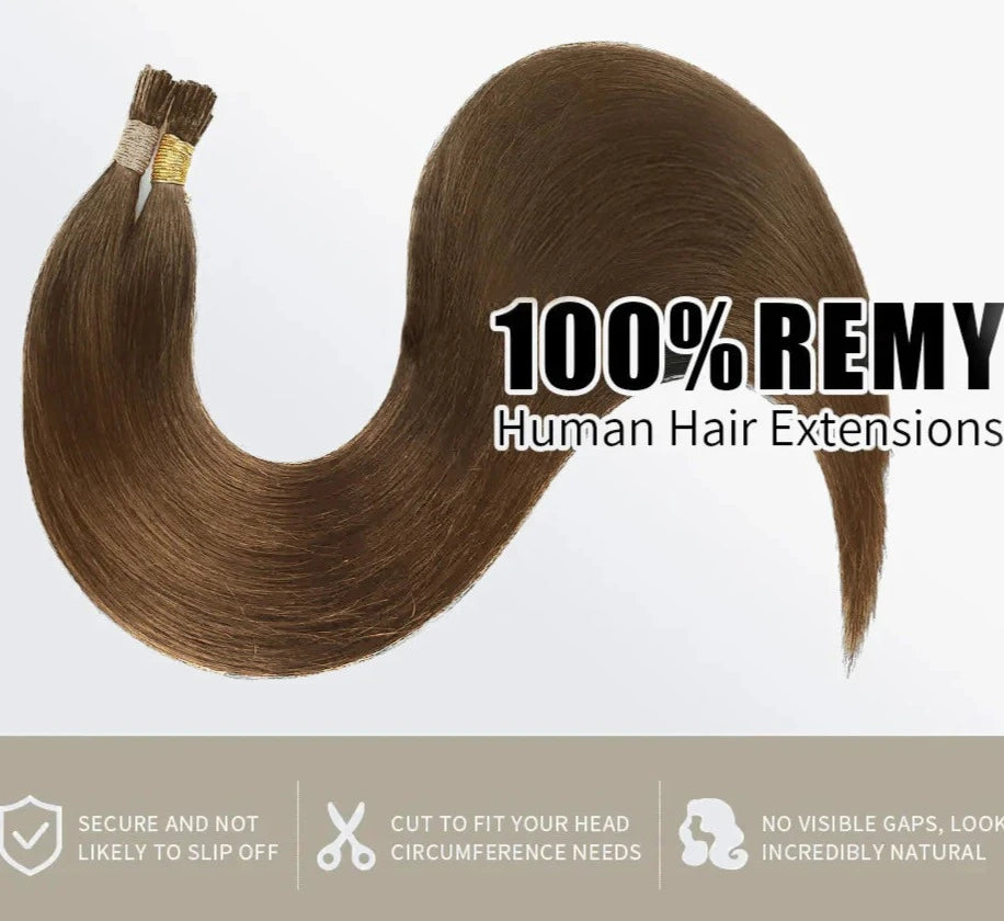 I Tip Hair Extensions Natural Remy Human Hair (#8 Light Brown)