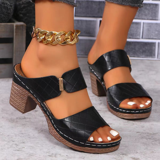 PU Leather Block Heel Sandals, Four Colors