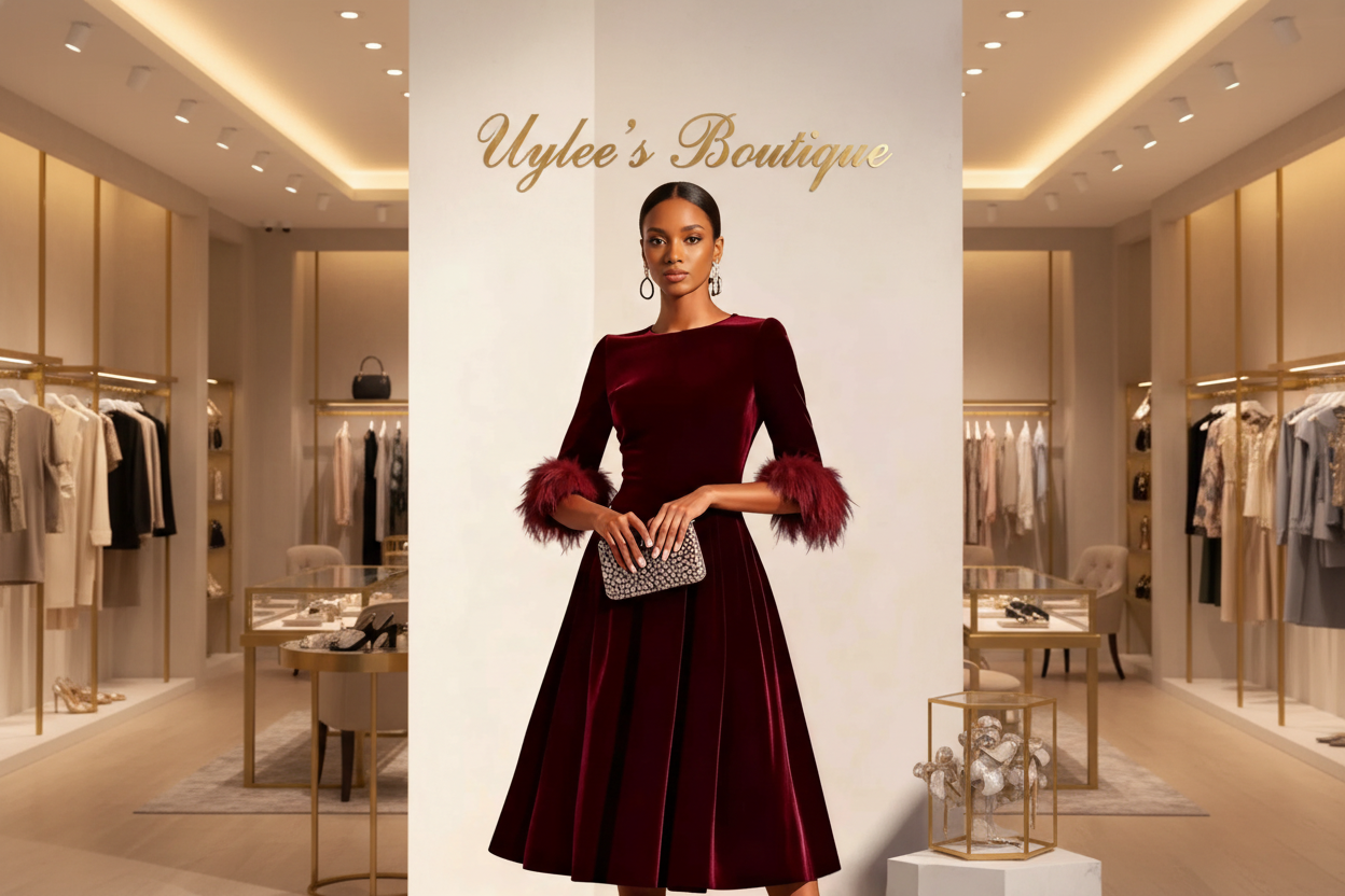 Velvet Midi Dress with Feather Cuffs, Three Color Choices