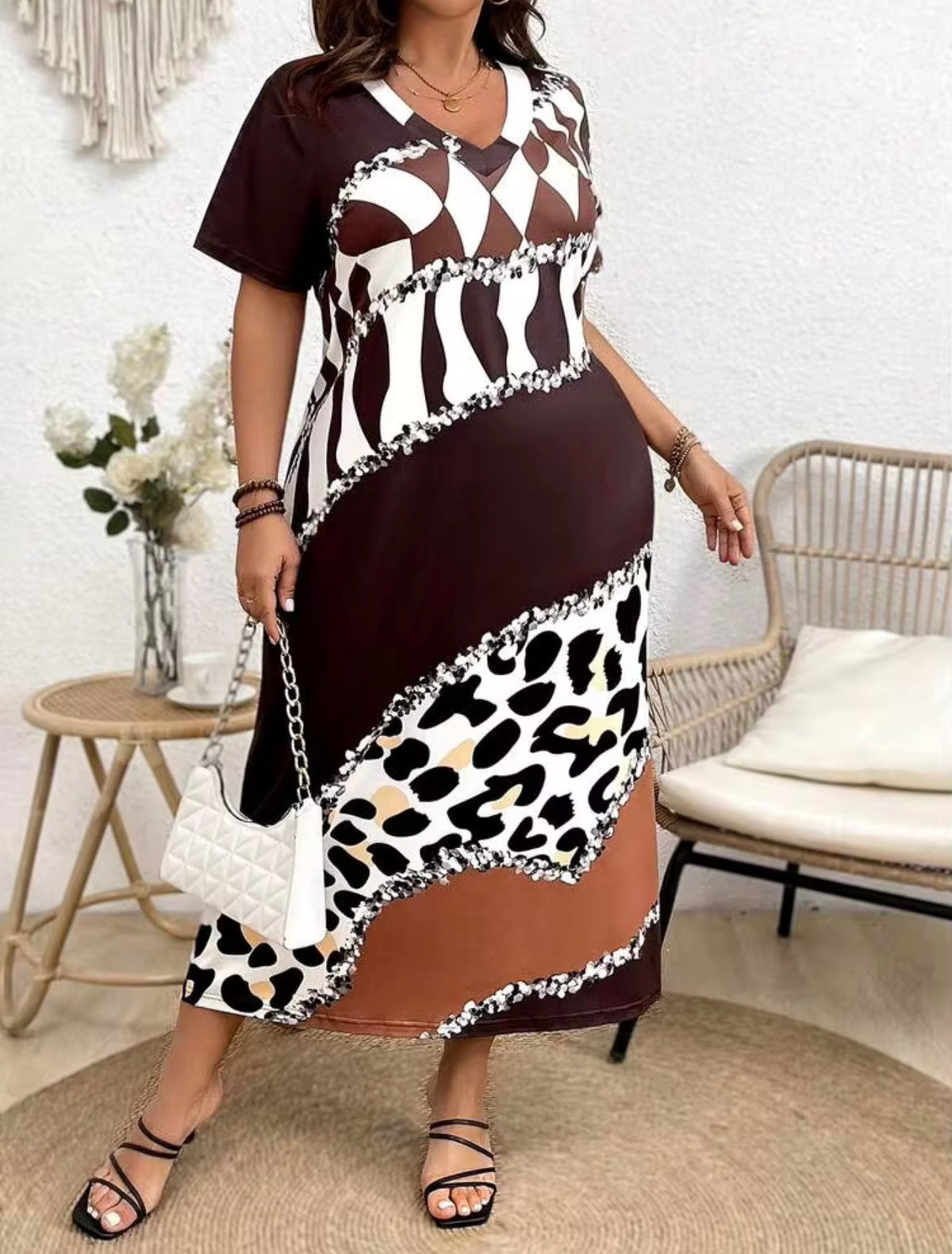 Calvaya Women's Plus Size Color Block Printed Patchwork Dress, 2X (US 16)
