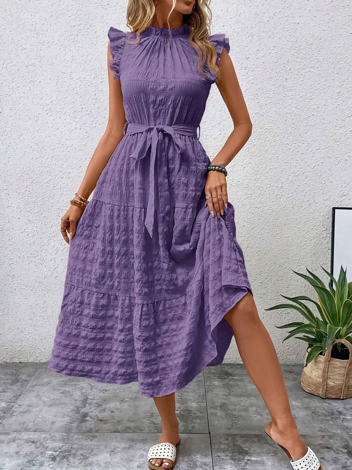 Tied Ruffled Cap Sleeve Midi Dress - 7 color choices