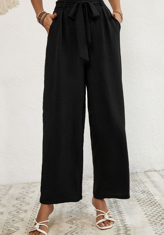 Belted Pleated Waist Wide Leg Pants