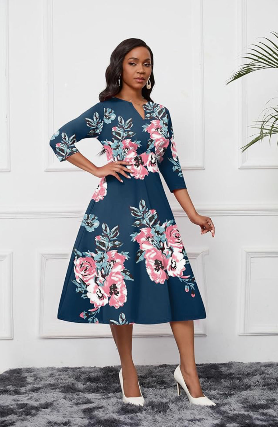 Casual Midi Floral Print Dress, 3XL