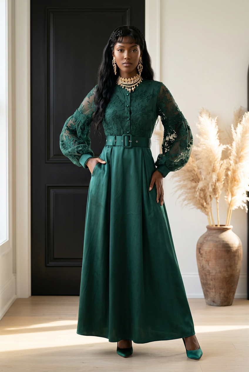 Lace Lantern Sleeve Belted Maxi Dress