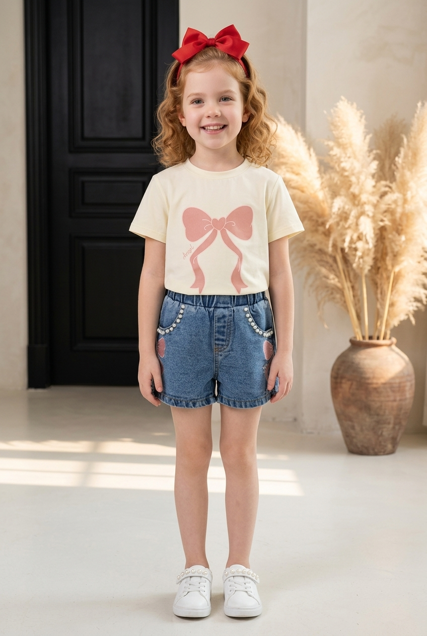 Children's Bowknot T-shirt and Denim Shorts Set