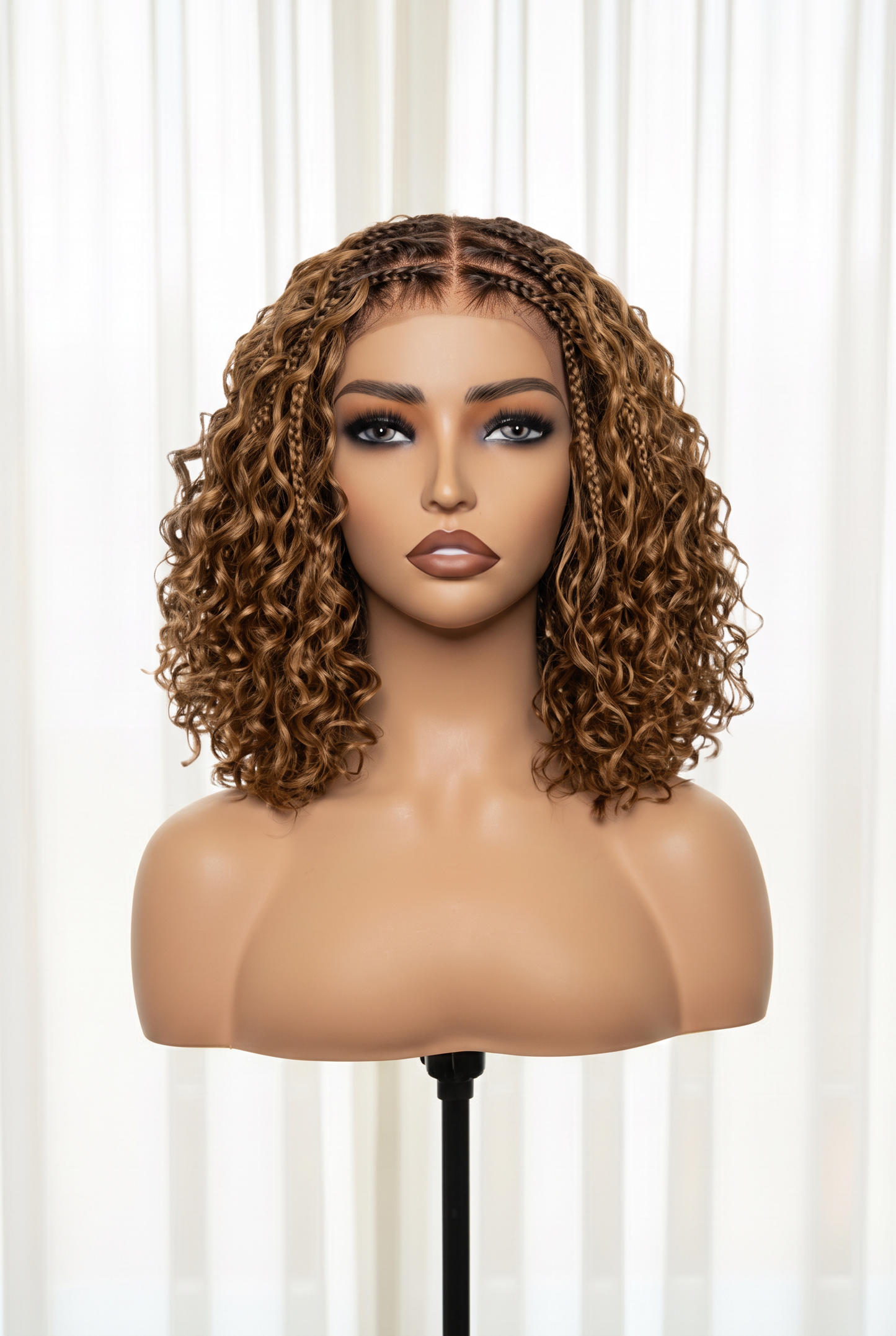 150% Density 5x5 Closure Lace with Boho Braids Pre-Cut Glueless Lace Wig Ombre Brown Highlight Curly, 12 inches