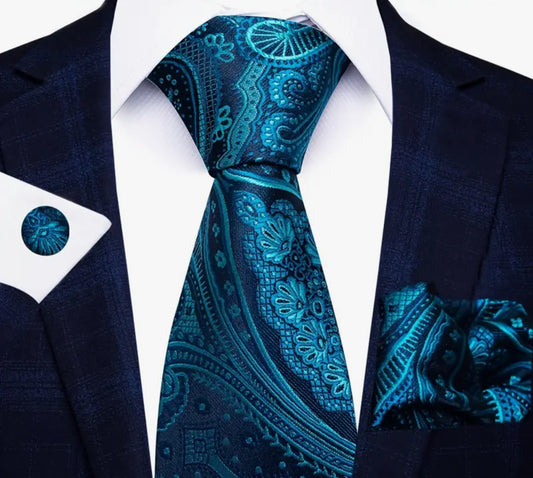 Men’s Silk Coordinated Tie Set - Turquoise Black Paisley