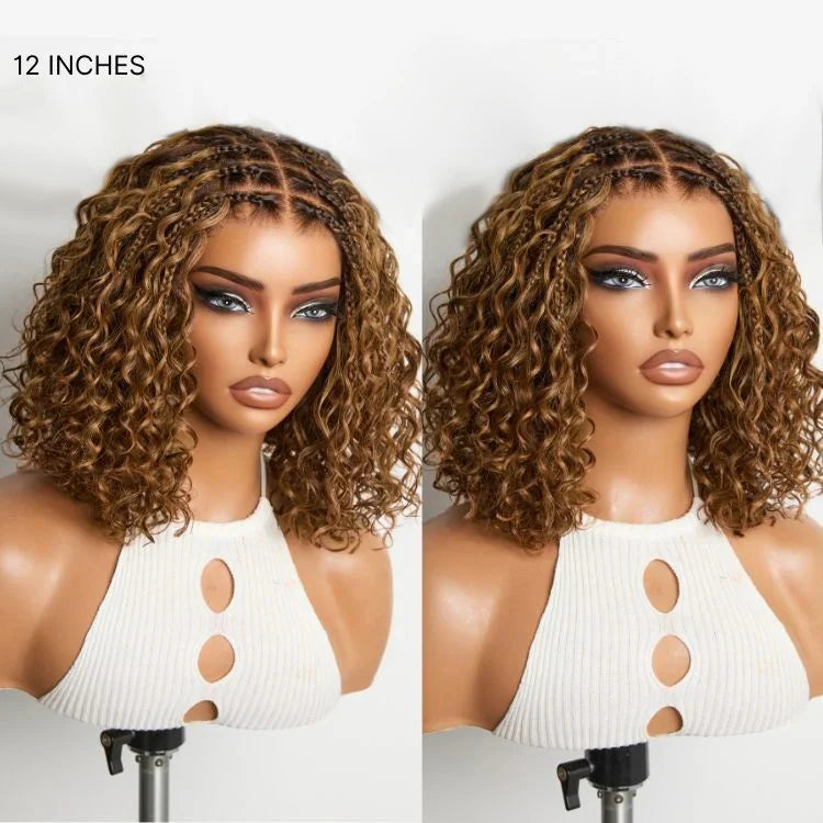150% Density 5x5 Closure Lace with Boho Braids Pre-Cut Glueless Lace Wig Ombre Brown Highlight Curly, 12 inches