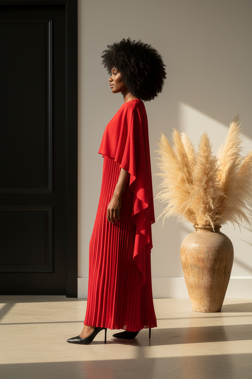 Cape Pleated Maxi Dress