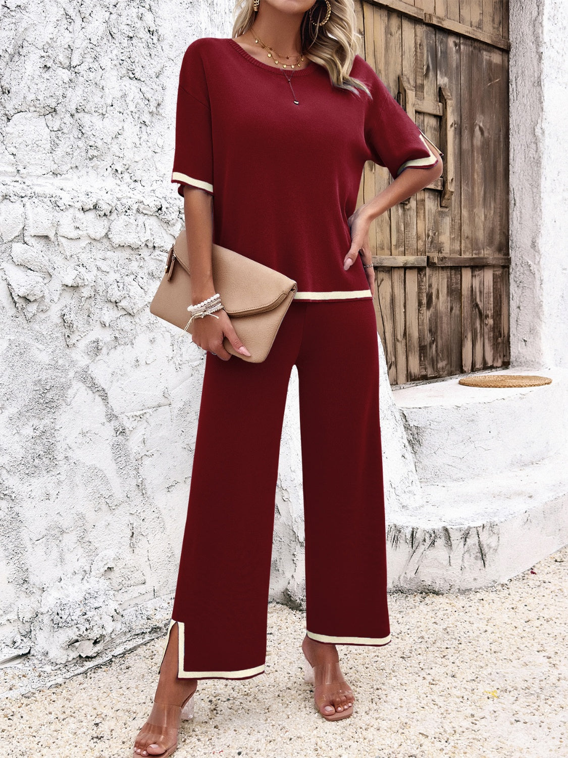 Devine Contrast Trim Round Neck Top and Pants Set, Nine Color Choices