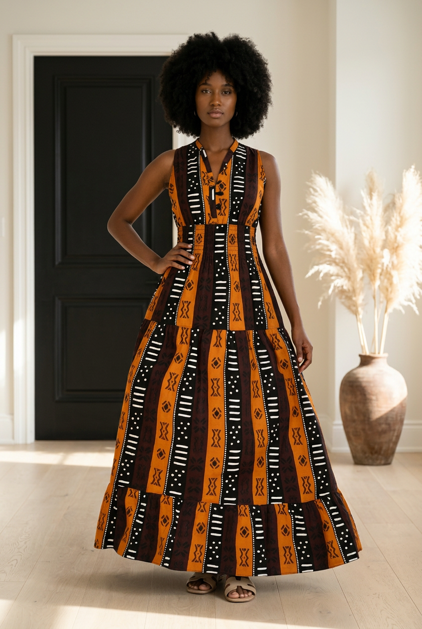 Long Smocked Dress With Scarf 5005-681