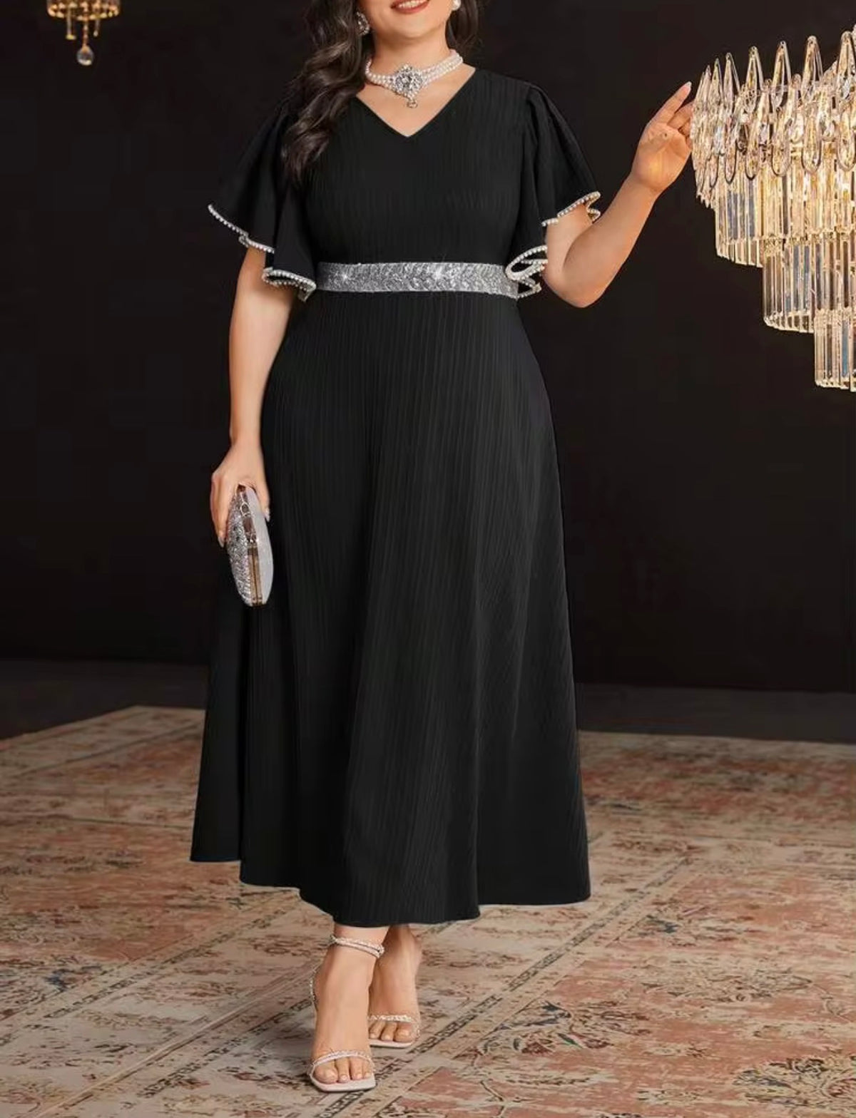 Elegant Black V-Neck Maxi Dress with Silver Accents, Size 2X (US 16)