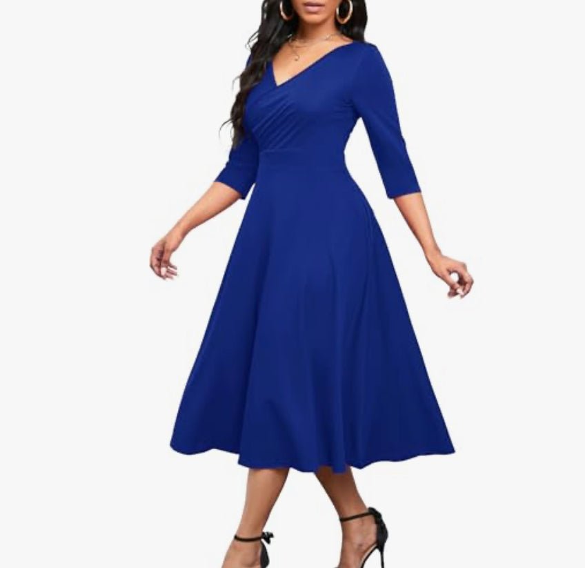 Casual Wrap Flared Dress, Sizes Small - 3XLarge (Blue Dress)