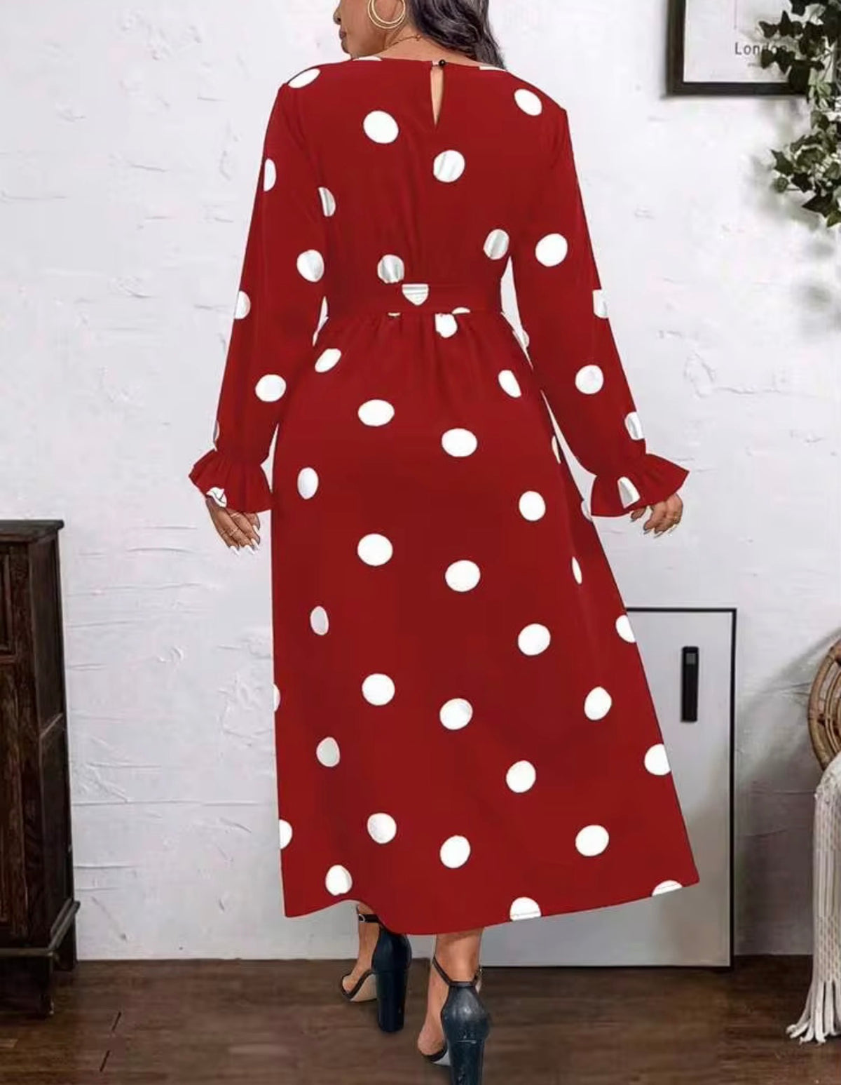 Polka Dot Tie-Waist Long Sleeve Maxi Dress - Red, Size 2X (US 16)