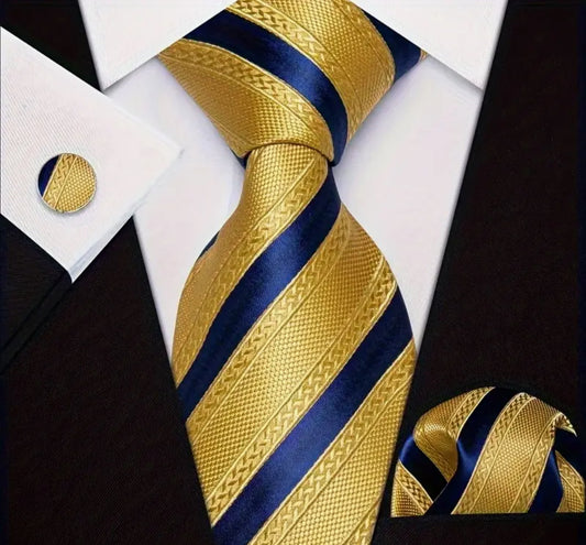 Men’s Silk Coordinated Tie Set - Gold with Blue Stripes