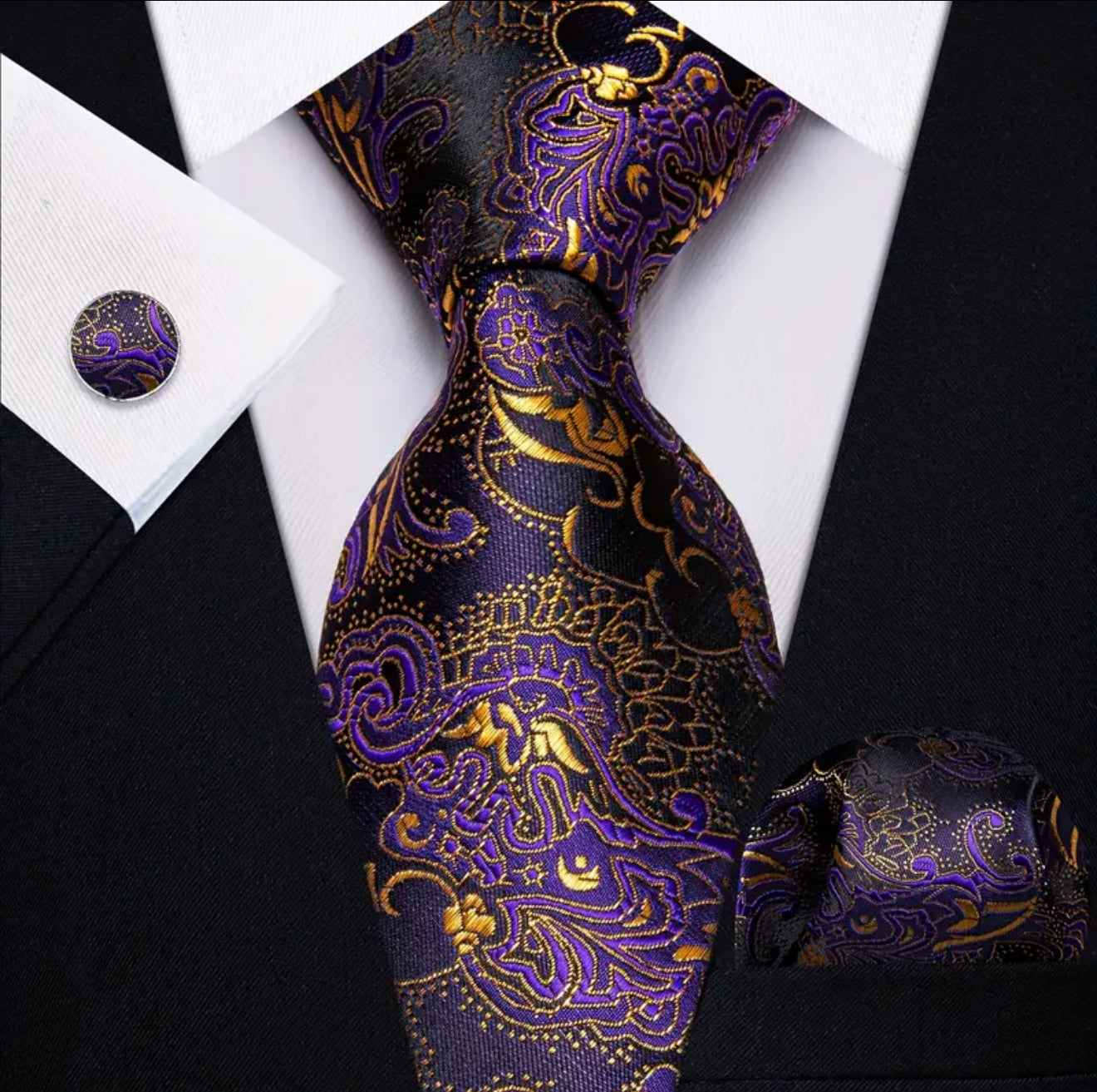 Men’s Silk Coordinated Tie Set - Purple & Gold Paisley