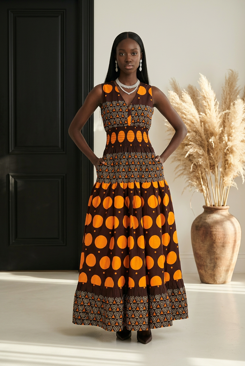 Long Smocked Dress With Scarf (5005-677)