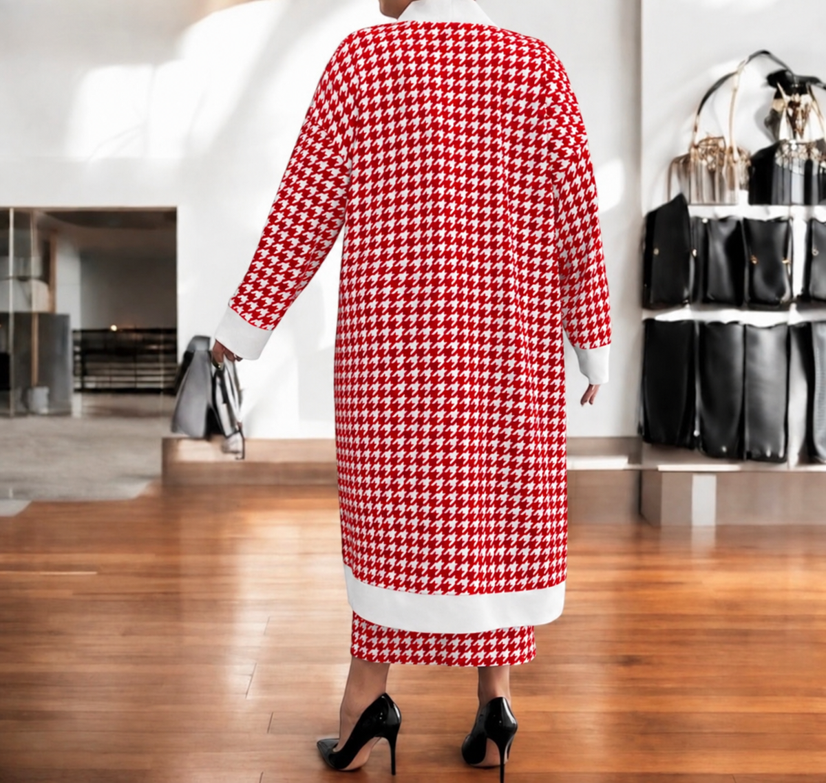 Classic Houndstooth Knit Cardigan & Dress Set - White/Red, 3X (US 18)