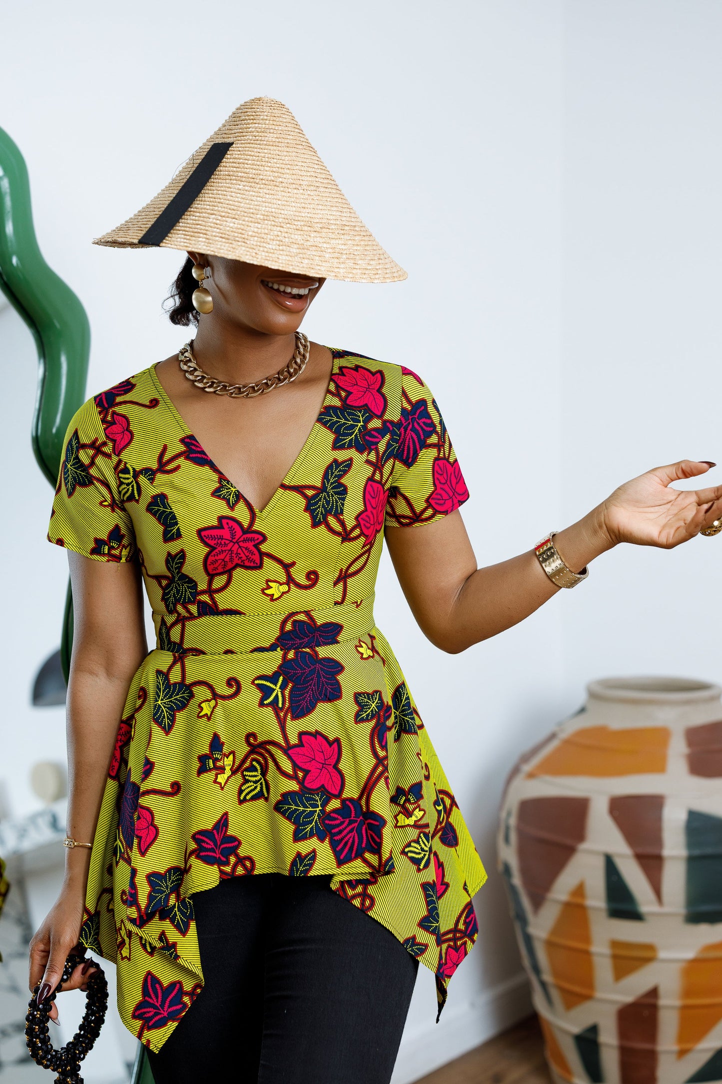 EBUN AFRICAN PRINT ASYMMETRIC PEPLUM TOP [GREEN]