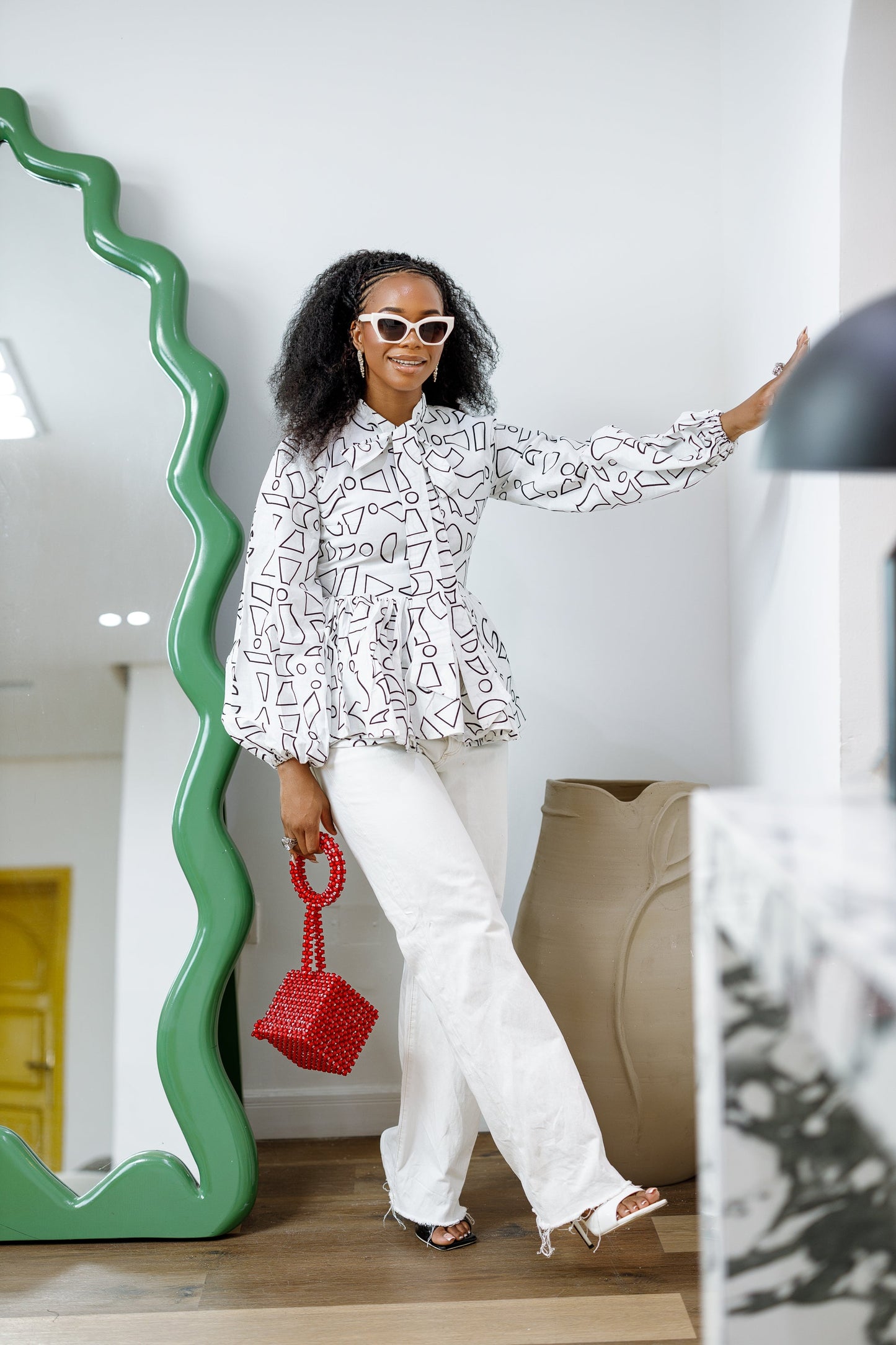 BIBI AFRICAN PRINT TIE NECK PEPLUM TOP [WHITE]