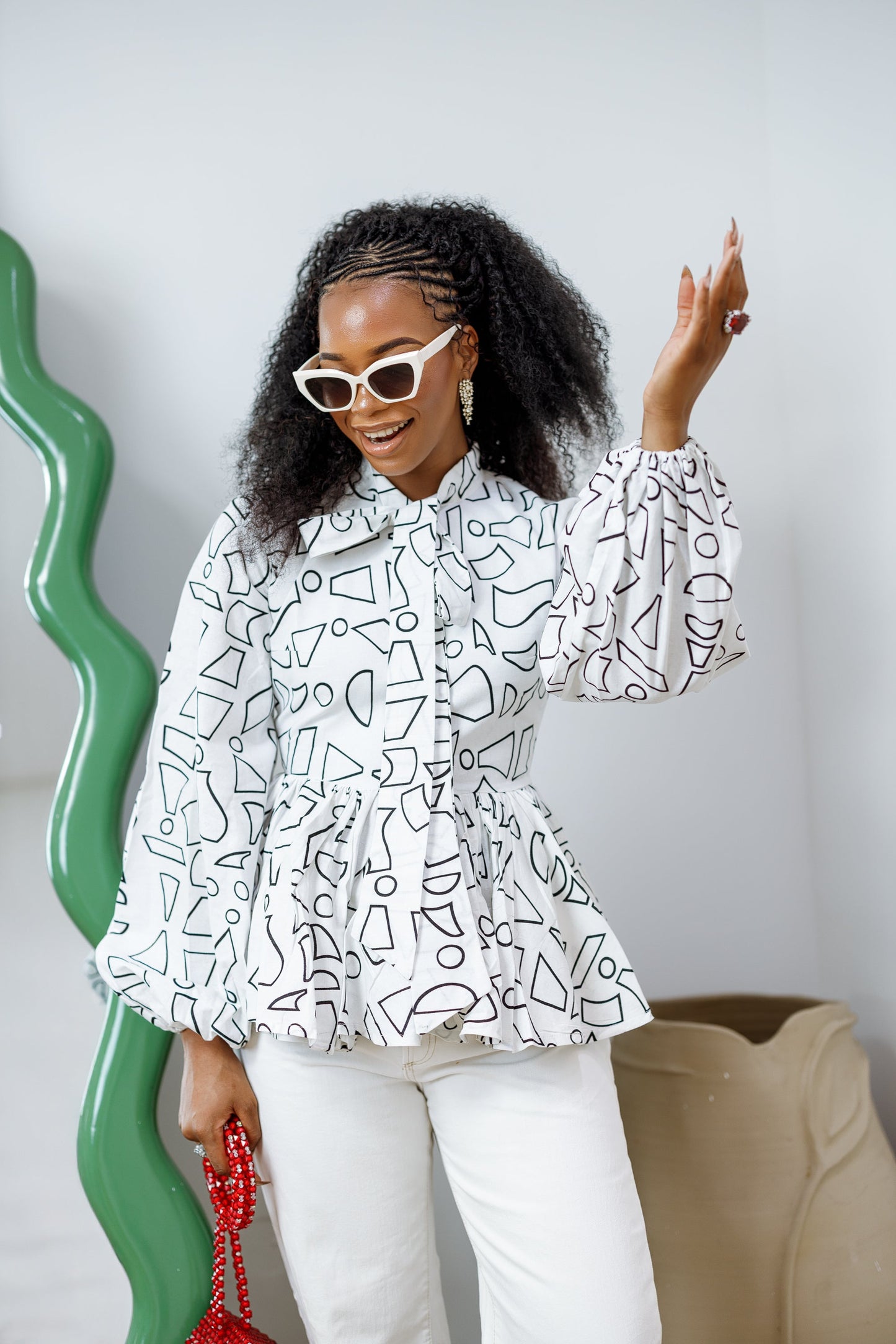 BIBI AFRICAN PRINT TIE NECK PEPLUM TOP [WHITE]