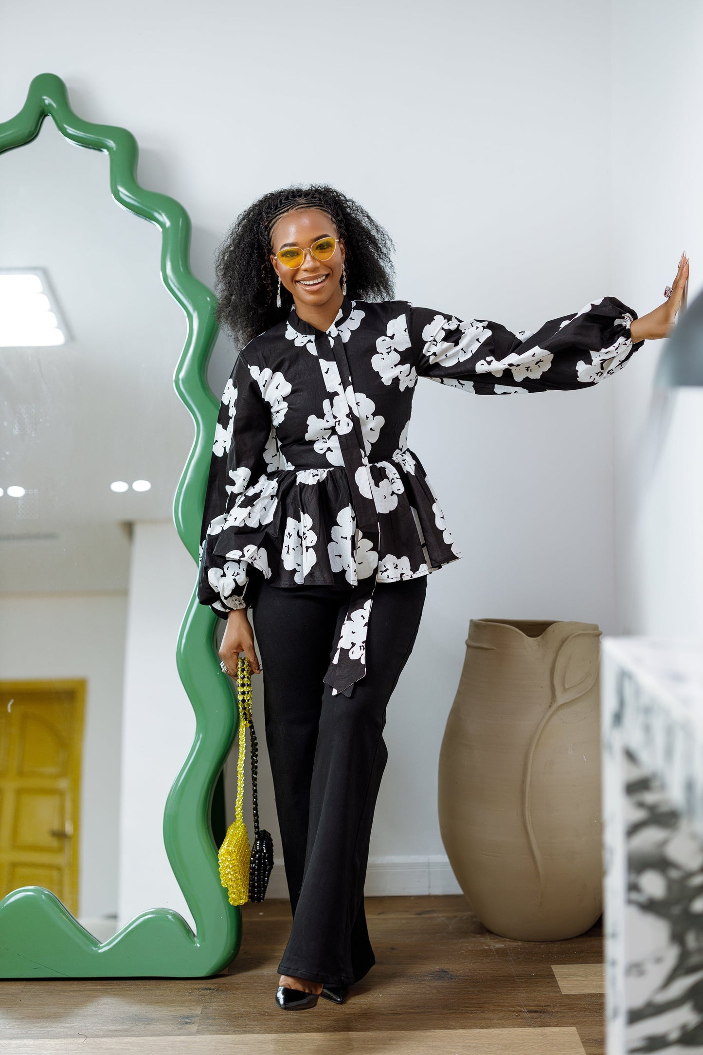 BIBI AFRICAN PRINT TIE NECK PEPLUM TOP [BLACK]