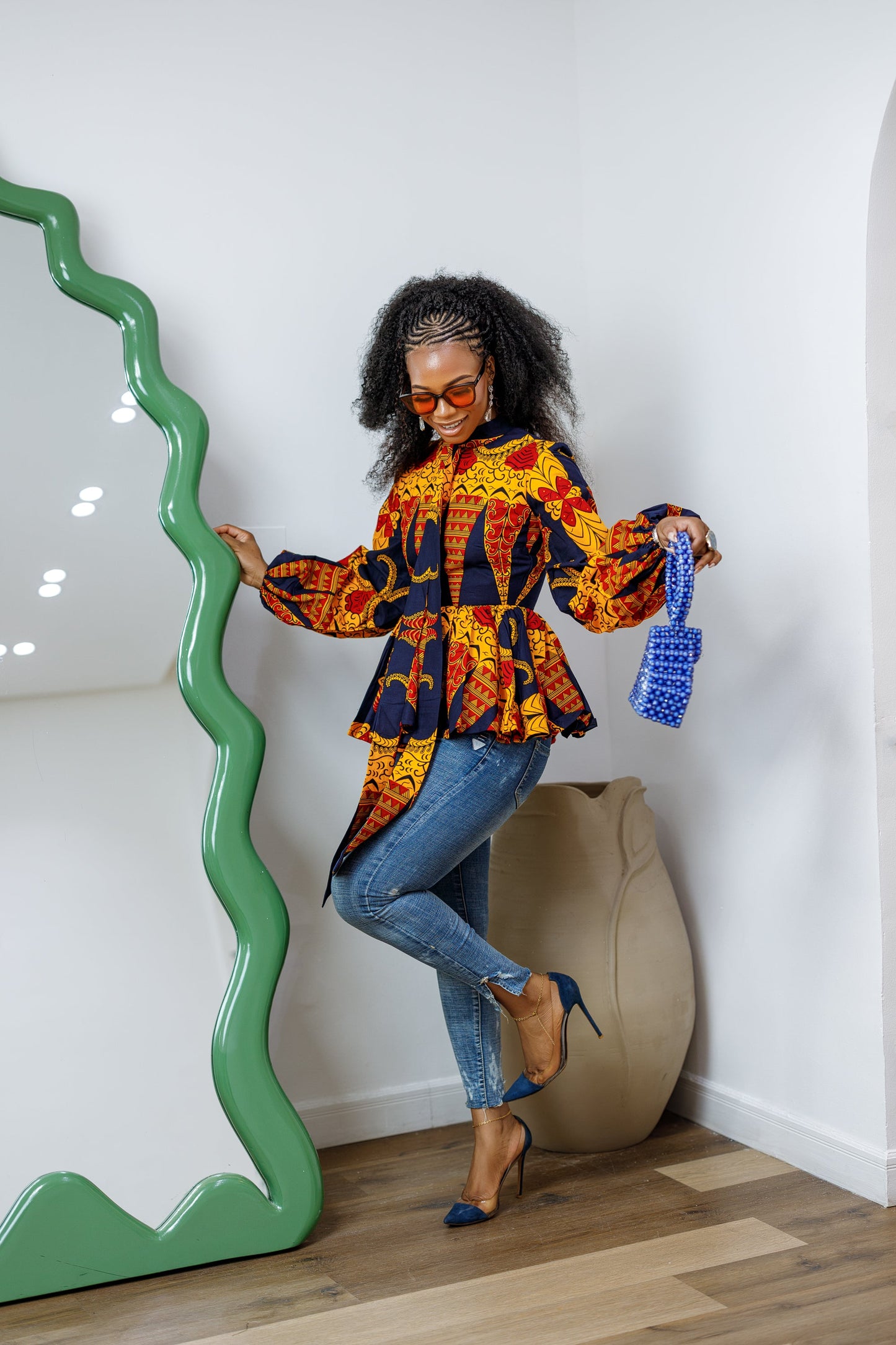 BIBI AFRICAN PRINT TIE NECK PEPLUM TOP [ORANGE]