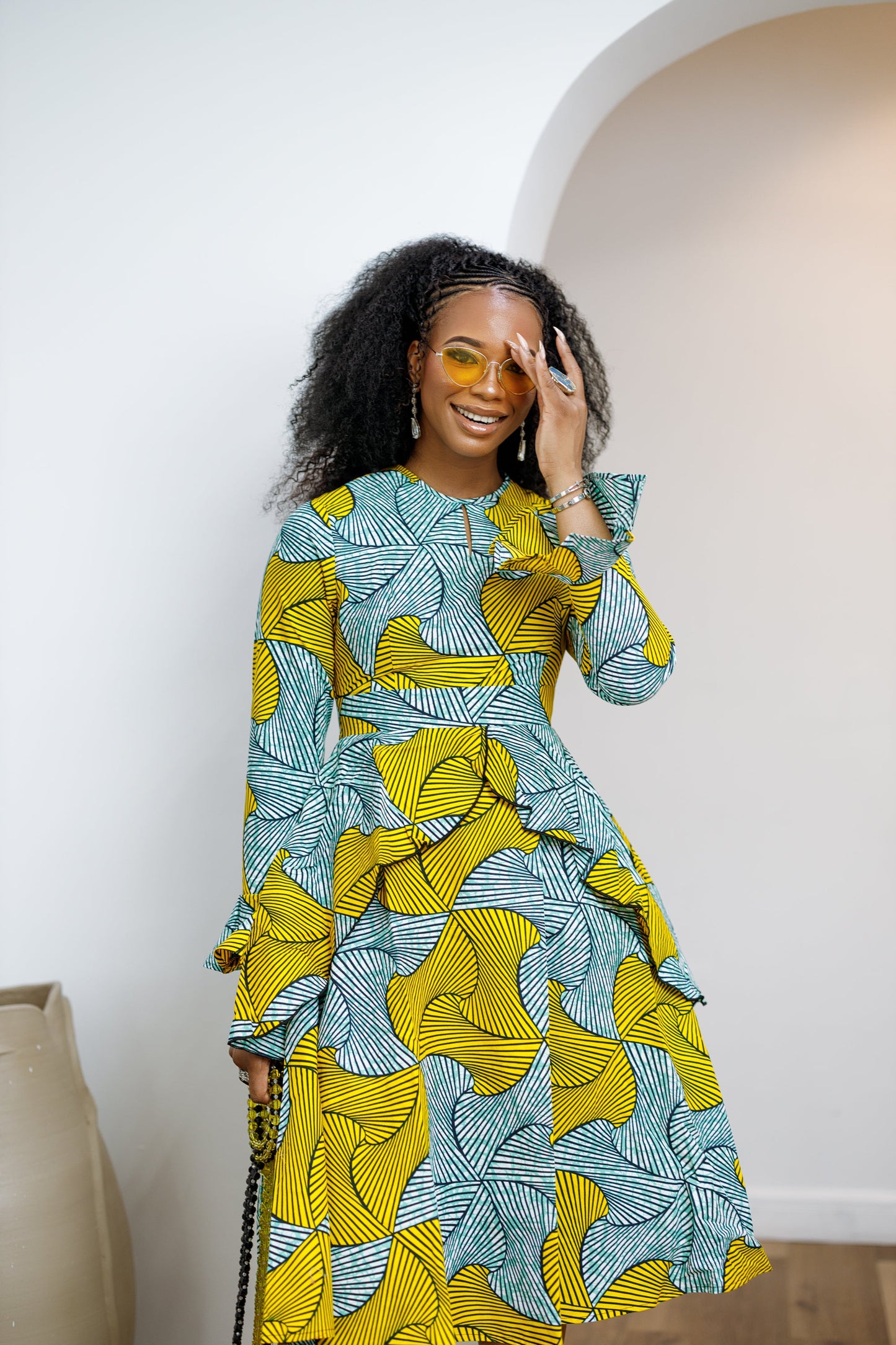 KOFI AFRICAN PRINT LAYERED FLARE MIDI DRESS [TEAL GREEN]