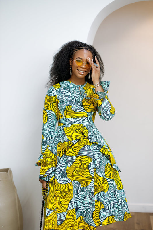 KOFI AFRICAN PRINT LAYERED FLARE MIDI DRESS [TEAL GREEN]