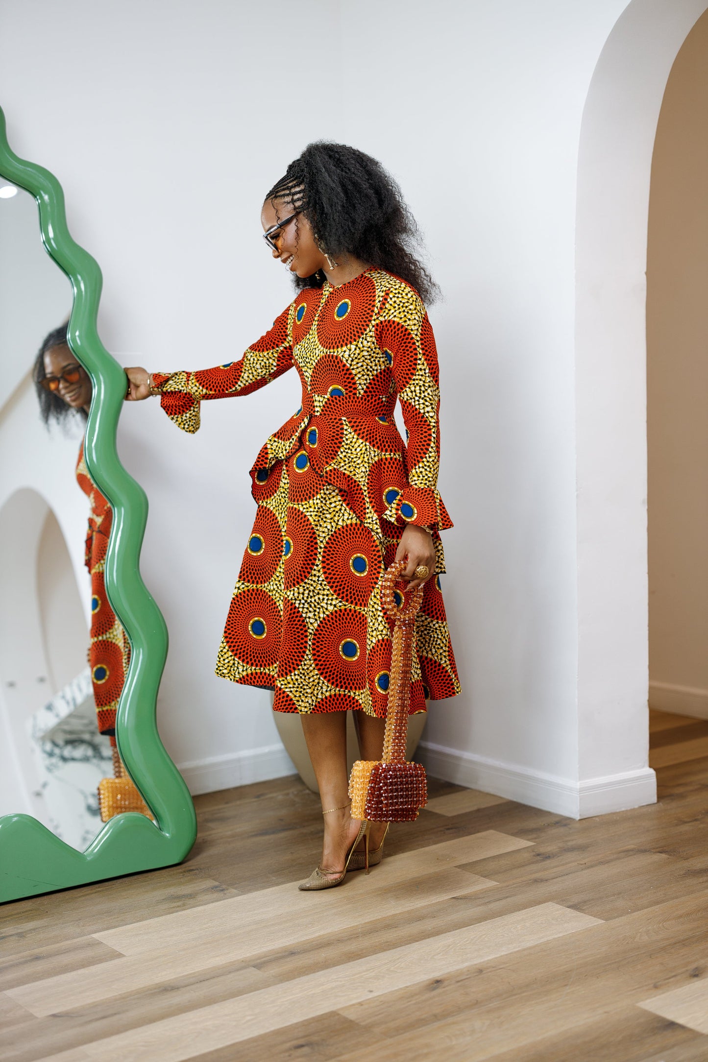 KOFI AFRICAN PRINT LAYERED FLARE MIDI DRESS [ORANGE]