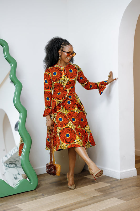KOFI AFRICAN PRINT LAYERED FLARE MIDI DRESS [ORANGE]