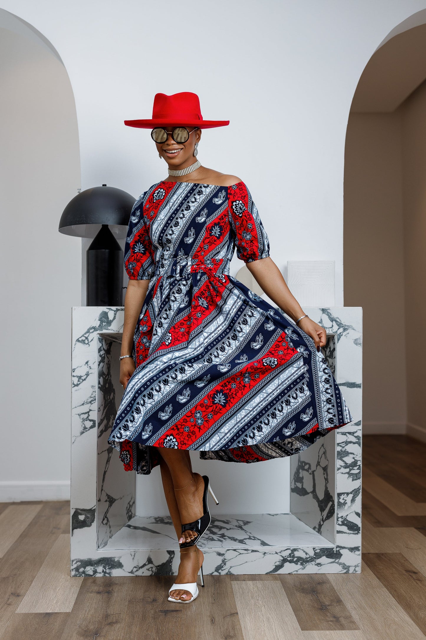 ROLU AFRICAN PRINT OFF SHOULDER DRESS [RED]